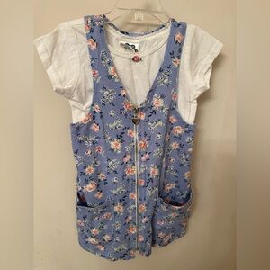 Vintage 1990s Buttercup Blue Floral Jumper Dress & Top Girls Size 4 Cottage Core